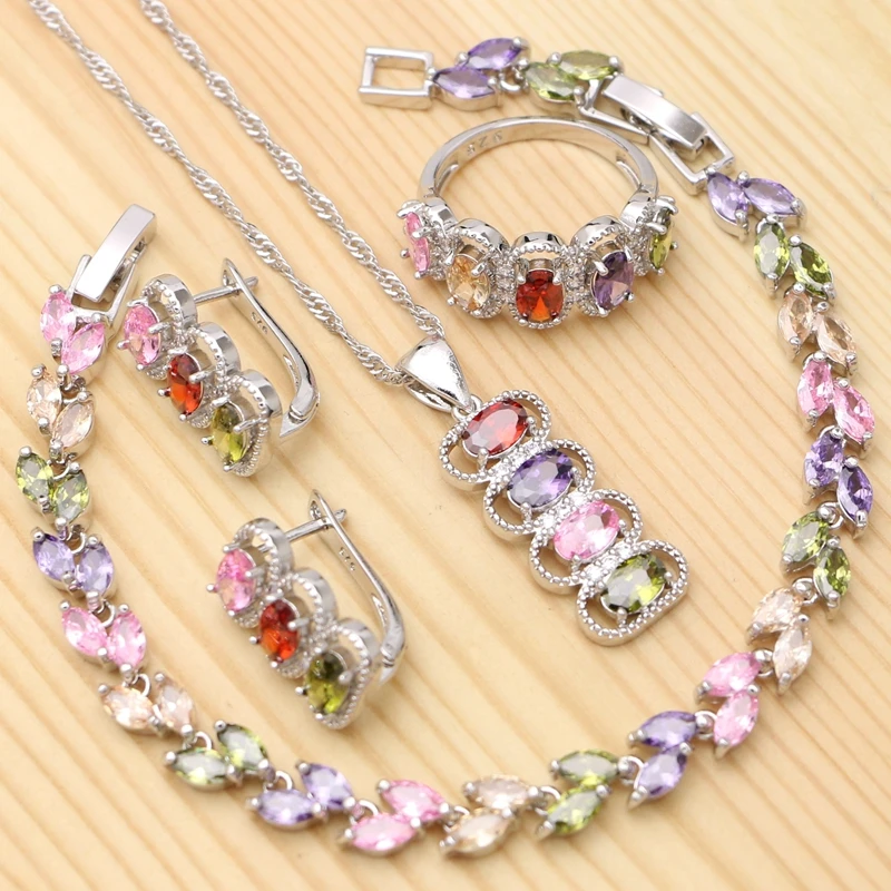 

925 Silver Bridal Jewelry Set For Women Multicolor Cubic Zirconia Ring Bracelet Necklace Pendant Stud Earrings
