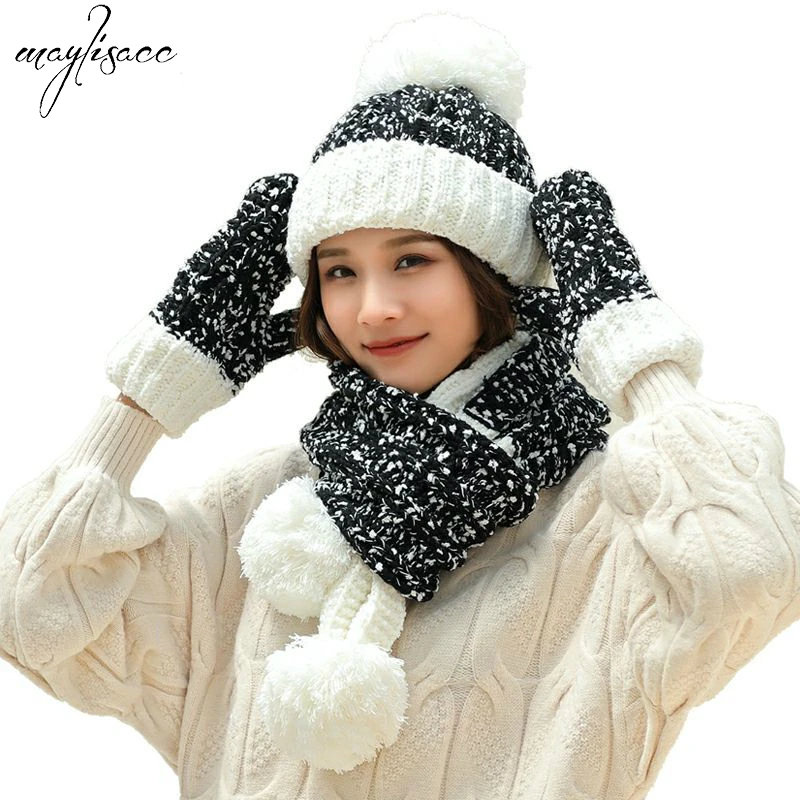 

7Color Autumn Winter New Russian Windproof Hat Gloves Scarves 3 Pcs Set Warm Acrylic Knitted Hat Beanies Skullies for Women Girl