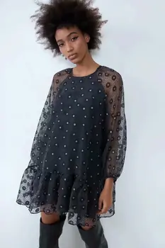 

2020 Spring Summer New Print Transparent Organza zaraing women Dress sheining vadiming female dress sexy vintage plus Xdn9312