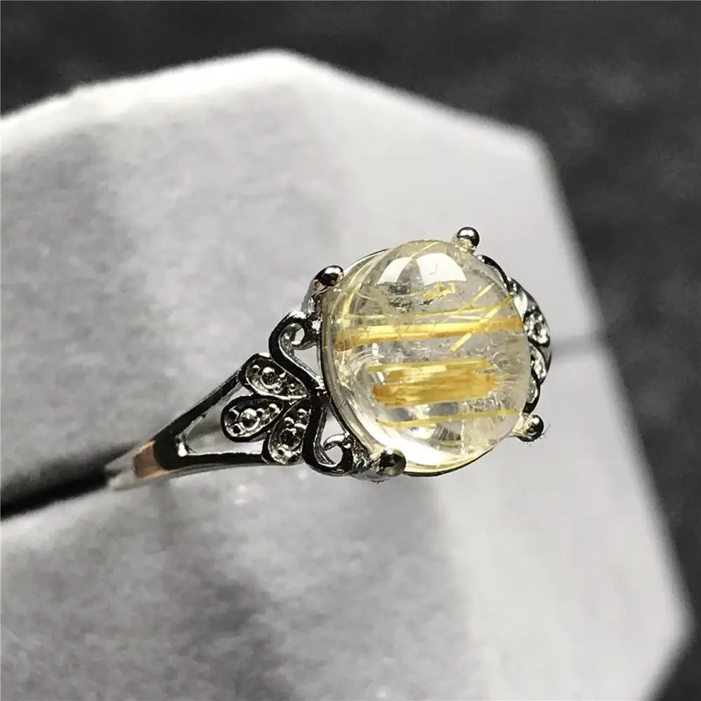 

9x7mm Natural Gold Rutilated Ring For Woman Lady Man Crystal Round Beads Silver Stone Quartz Adjustable Size Ring Jewelry AAAAA