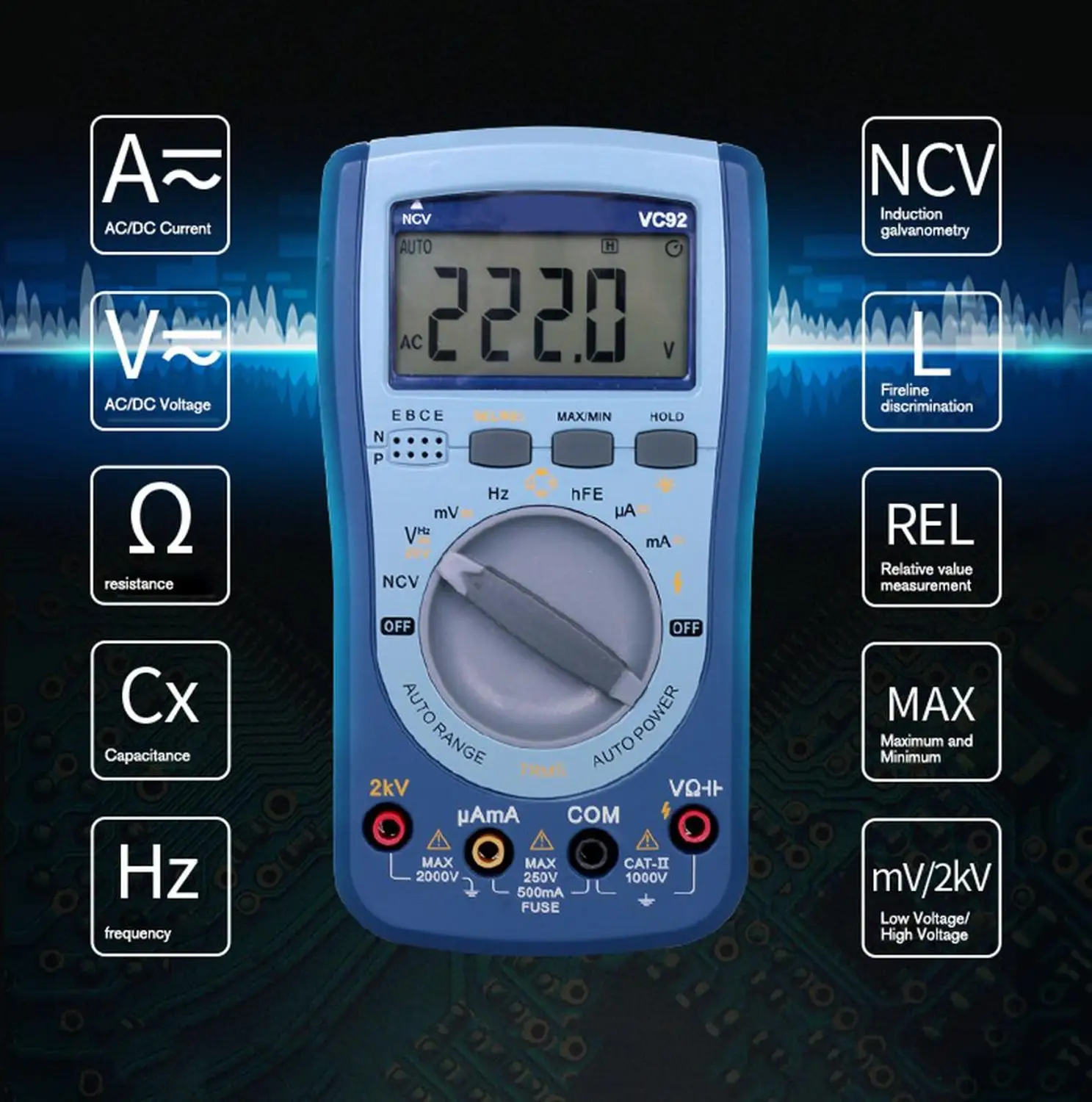 Цифровой мультиметр DC/AC напряжение тока T-RMS Авто Диапазон NCV/конденсатор/частота/Триод/тестер диода VC92