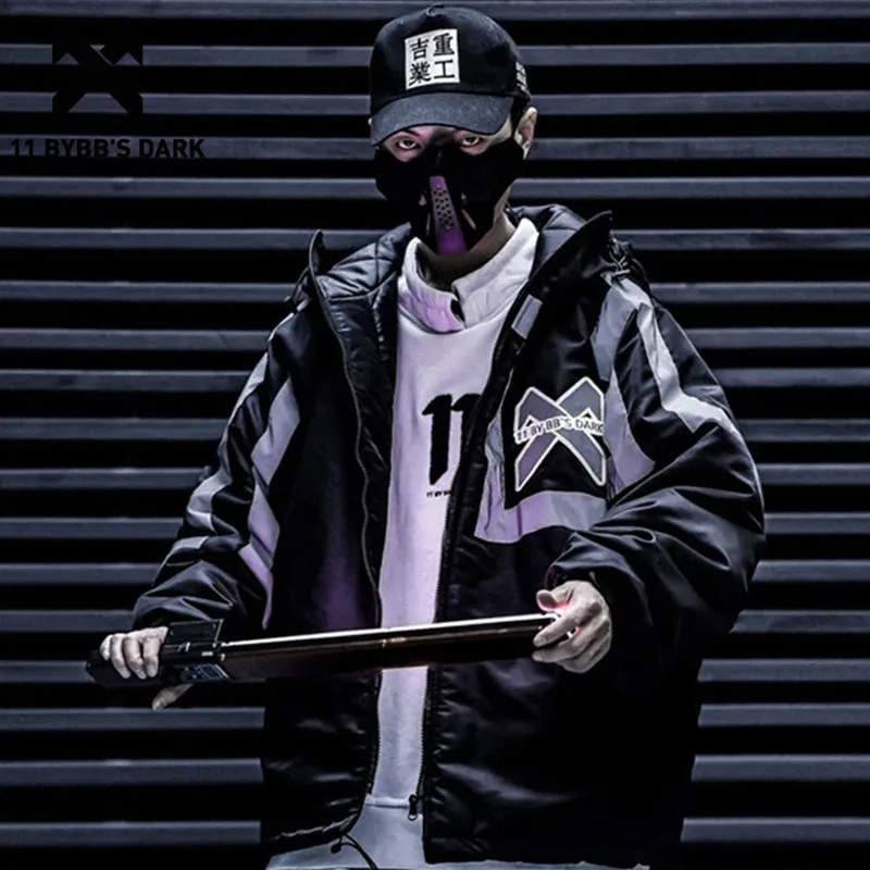 

11 BYBB'S DARK Hip Hop 3M Reflective Patchwork Mens Parkas Casual Thick Padded Jackets Harajuku Windbreaker Coats Streetwear