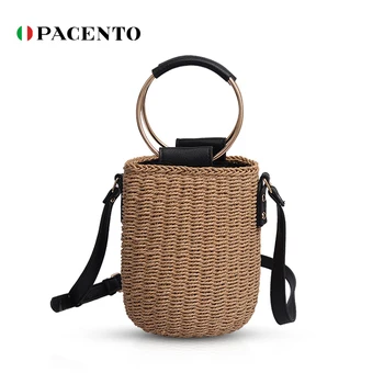 

PACENTO Rattan Woven Straw Bag Summer Beach Handbag Bucket Shoulder Bag Women Ring Handle Handbag Crossbody Bags for Women Woven