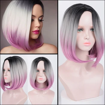 

HUAYA Bob Wigs Heat Resistant Fiber Synthetic Gray Ombre pink Short Straight Hair Women Heat Resistant Fiber Daily False Hair