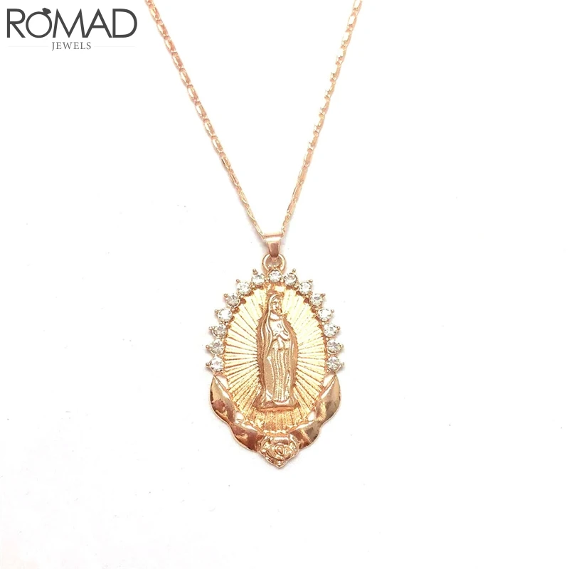 ROMAD винтажное ожерелье для женщин Медальон Дева Мария Колье Золотой Гравировкой