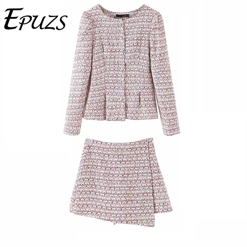 

Elegant two-pieces women skirt short suit Casual streetwear suits tweed blazer sets Chic 2019 office ladies women blazer suit