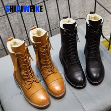 Новые зимние мотоциклетные ботинки на шнуровке Модные женские зимние ботинки в британском стиле коричневые ботинки на низком каблуке в стиле панк Женская обувь размера плюс