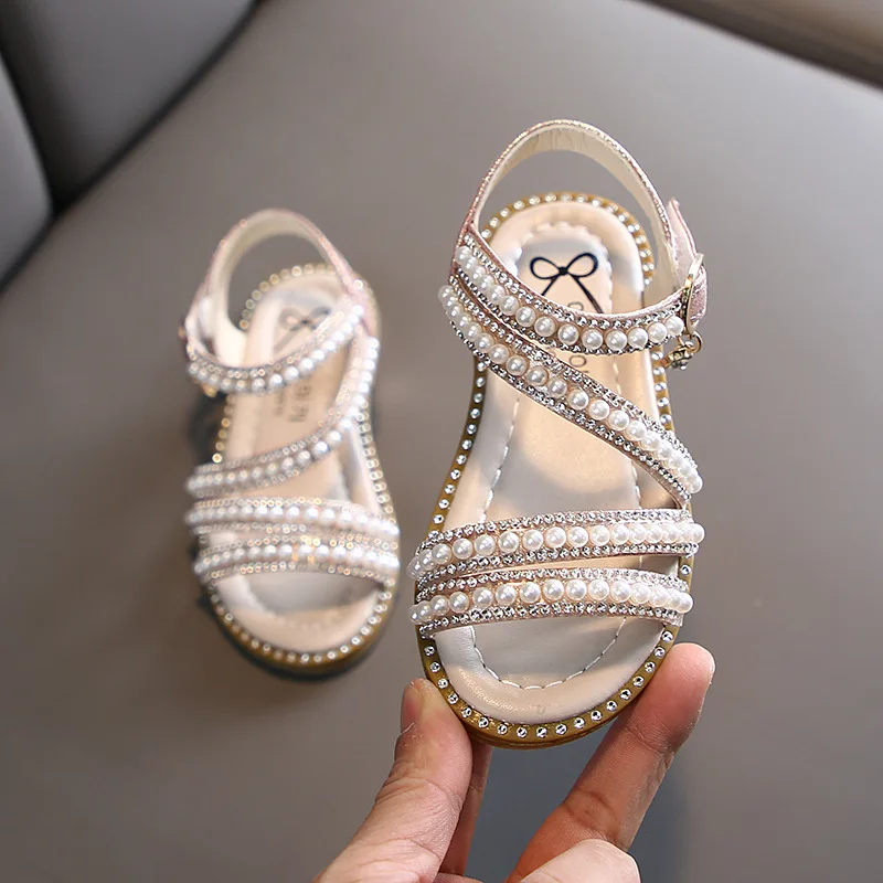 Summer Girls Shoes Bead Mary Janes Flats Fling Princess Shoes Baby Dance Kids Sandals Children Wedding Pink D238