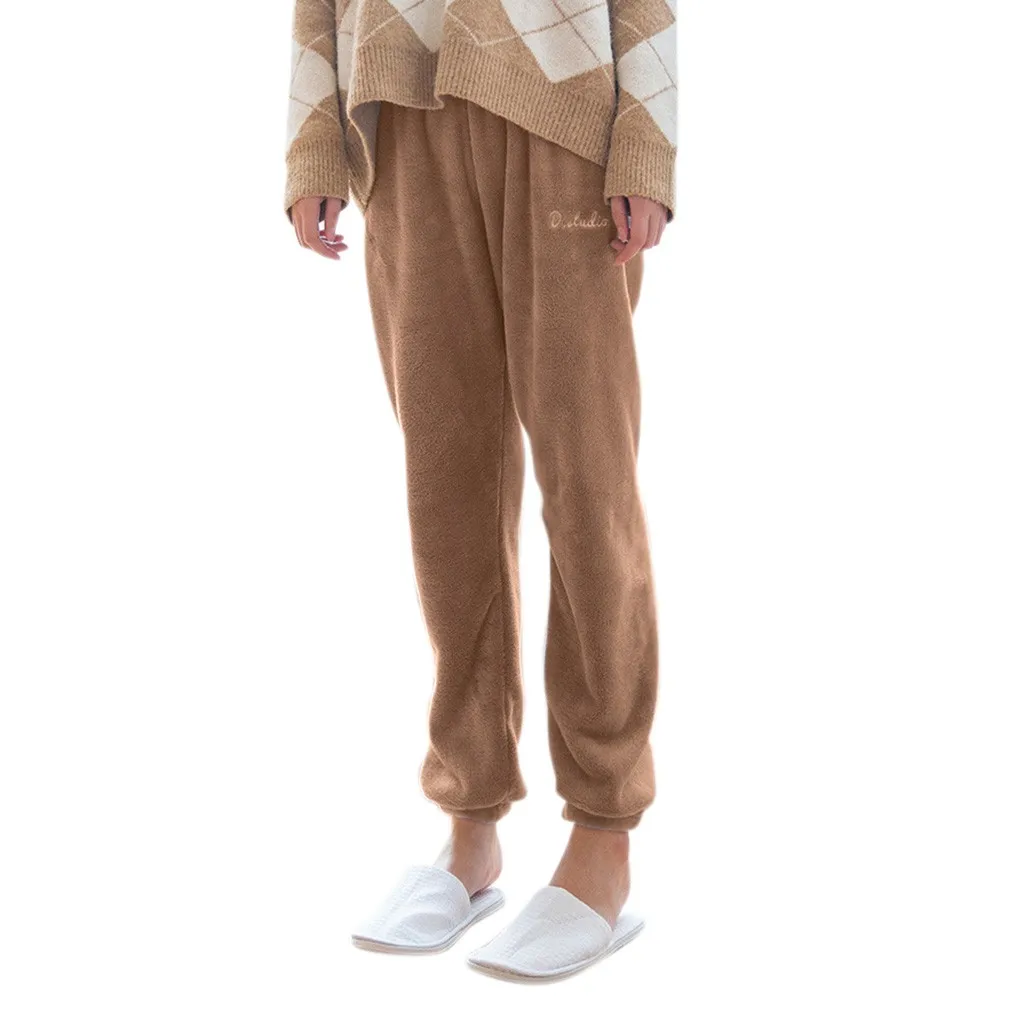 Осенние новые дамские однотонные коралловые бархатные плотные плюс бархатные одноцветные домашние брюки милые штаны для сна для женщин# YL10