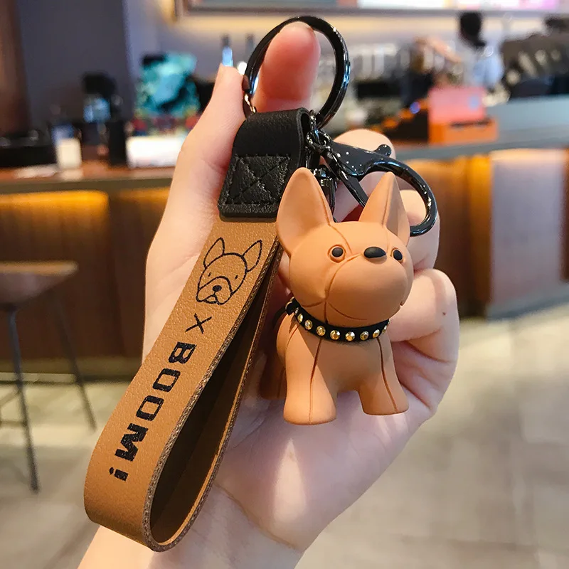 1pc Adorable French Bulldog Keychain With Durable Pu Leather Strap