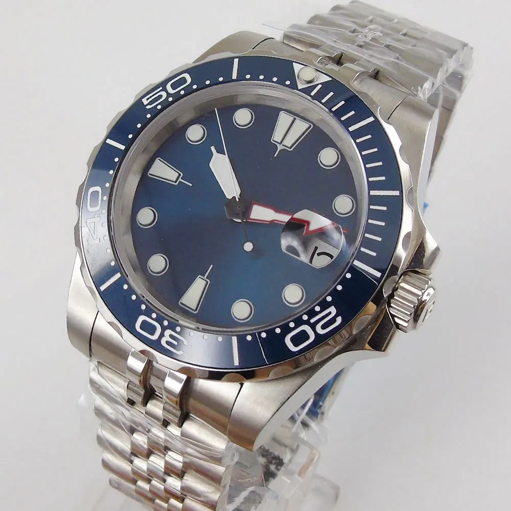 

Blue Dress SUNBURST 21 Jewels MIYOTA 8215 Mechanical Men Wristwatch Unidirectional Rotaitng Bezel Date Metal Band
