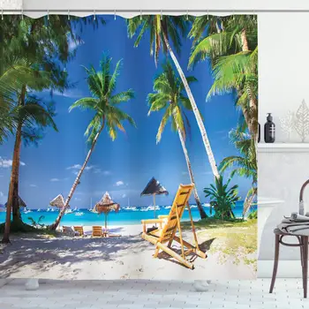 

Seaside Decor Collection, Sunbed under Palm Trees Tropical Oceanside in Boracay Island Picture, Polyester Fabric Bathroom Shower