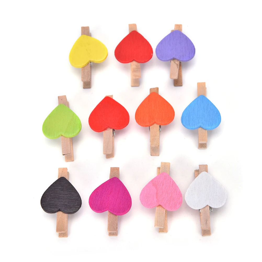 20 Pcs Colored Mini Love Heart Wooden Office Supplies Craft Memo Clips DIY Clothes Paper Photo Peg Decoration 3X0.7cm