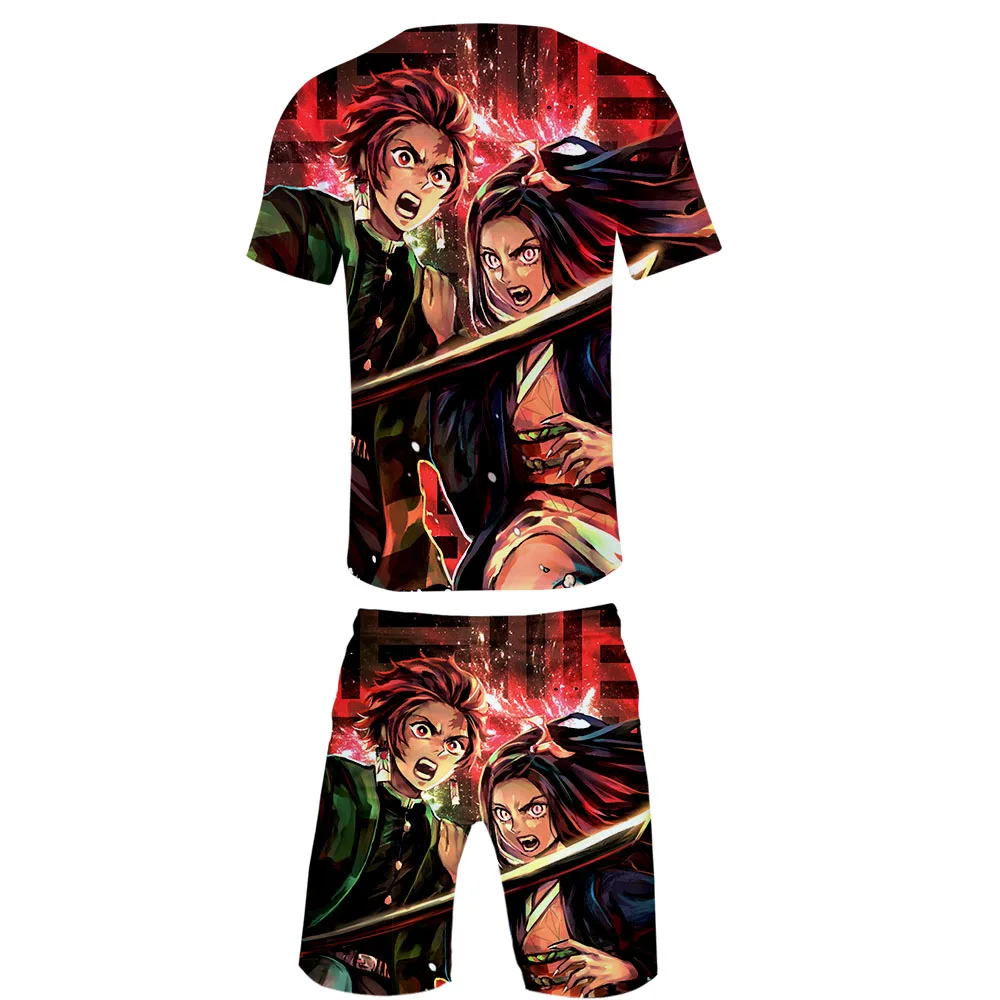 Demon Slayer Kimetsu no Yaiba Cool Harajuku Fashion New Arrival 3D Streetwear two piece set O-neck tshirt and shorts Men's Set Demon Slayer Kimetsu no Yaiba Cool Harajuku Fashion New Arrival 3D Streetwear two piece set O-neck tshirt and shorts Men's Set