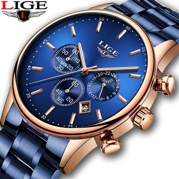 

2019 LIGE New Blue Quartz Watch Men Fashion Business Waterproof All Steel Clock Male Big Dial Date Multifunction Chronograph+Box