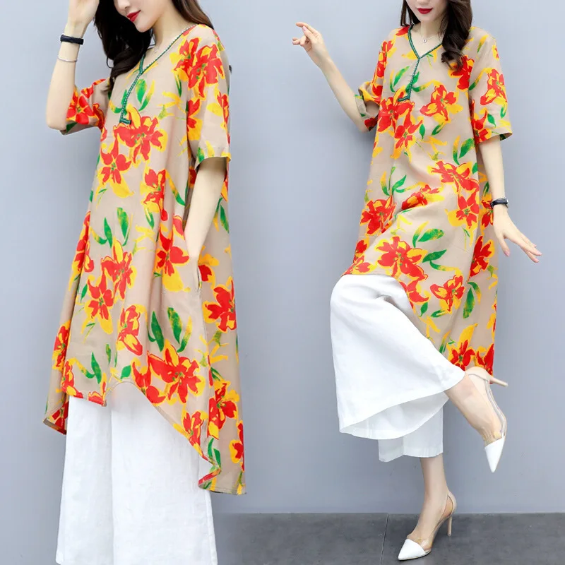 

2019 New Style Large Size Dress Western Style Loose-Fit Printed Cotton Linen Tops Two-Piece Set-Style Loose Pants WOMEN'S Suit S