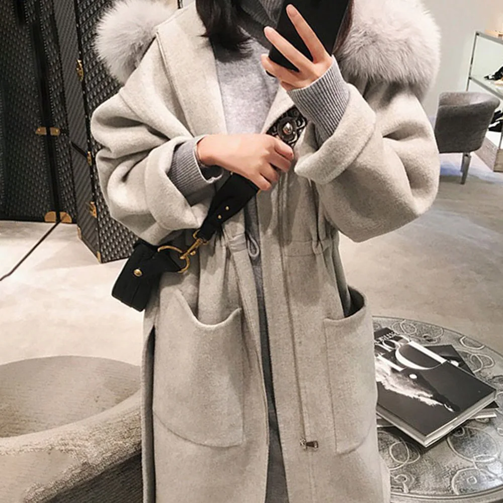 

Winter Fall 2020 Women Overcoat Hooded Woolen Collar Long Sleeve Slim Thick Overcoats Korean Japanese Style Simple Outwears