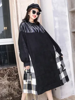 

SuperAen Streetwear Plaid Patchwork Plus Size Full Autumn Leather Stand A Line Dresses for Women