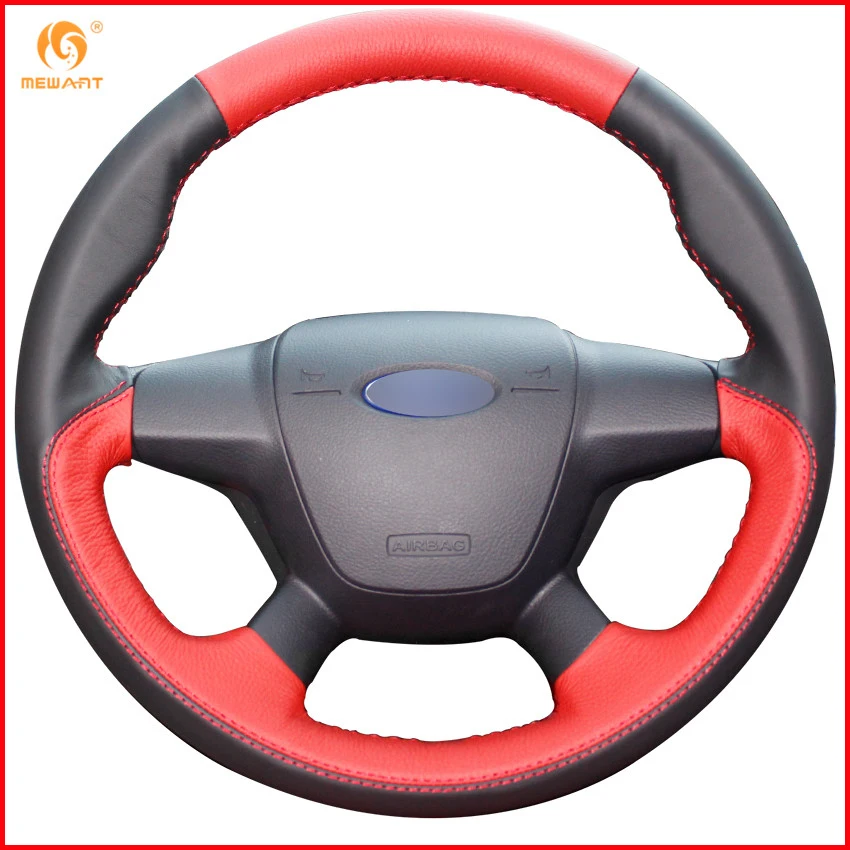 Mewant Black Red Genuine Leather Car Steering Wheel Cover For Ford