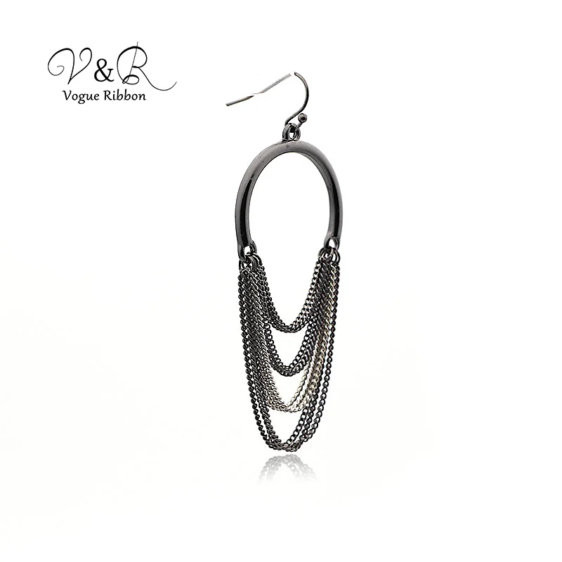 Imitation rhodium and hematite plated drop earring, with chain tassel, fashion jewelry for woman, basic metal style  (3)
