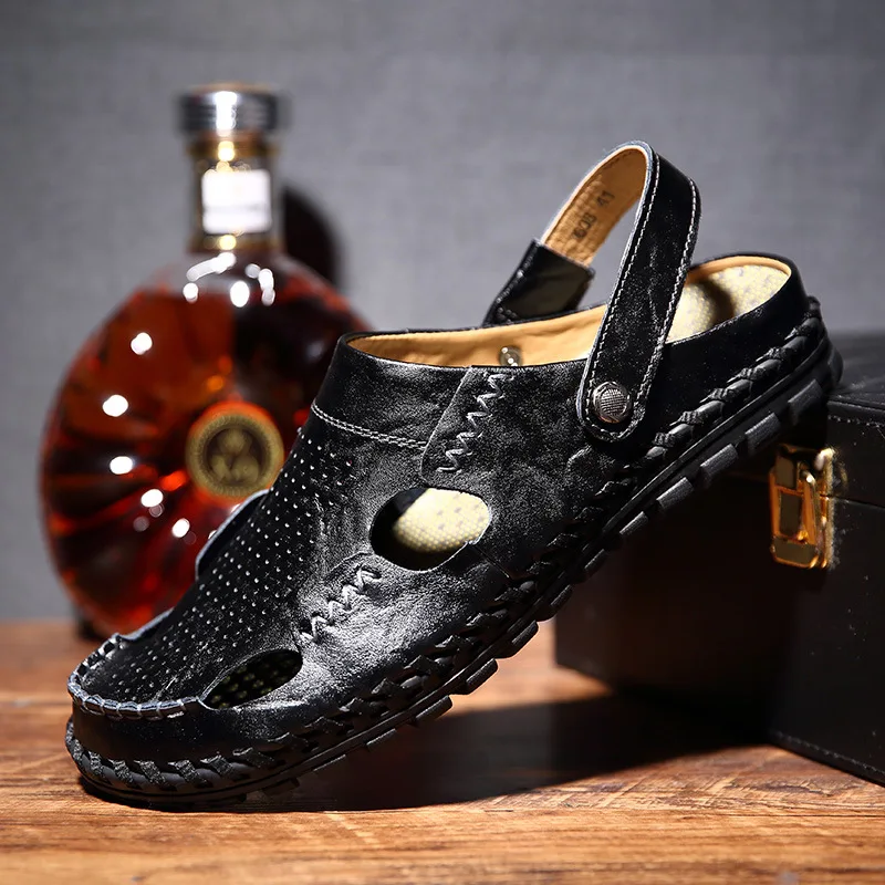 

Summer MEN'S Sandals Hollow out Cowhide Surface A- line Foot Covering Closed-toe Car Suture Handmade Double Purpose Sandals