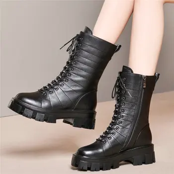 

Punk Creepers Women Lace Up Black Genuine Leather Winter Riding Boots High Top Round Toe Platform Oxfords Shoes Goth Trainers