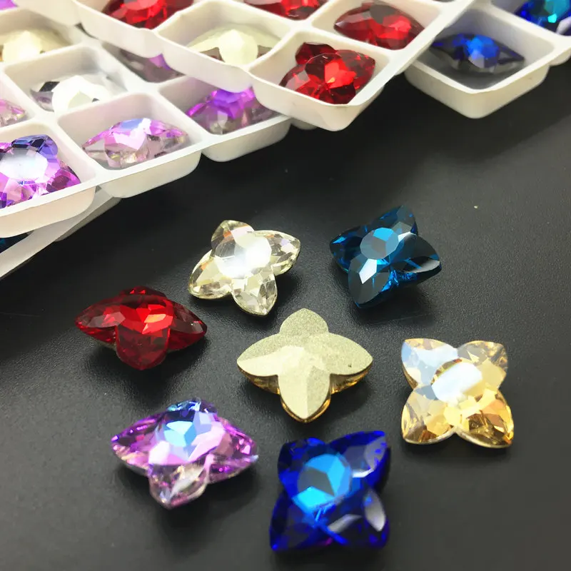 

TopStone 14mm Four Leaf Clover Glass Crystal Fancy Stone Pointed back K9 Rhinestone Beads no holes for Jewelry Making