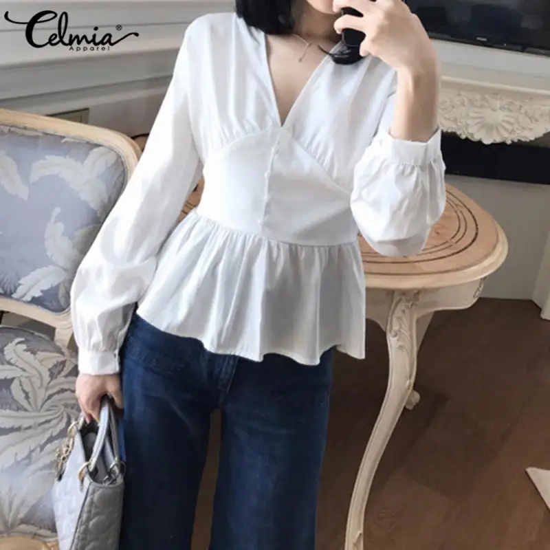 Celmia Women Fashion Solid Ruffles Blouses Long Sleeve Buttons Casual Shirts Ladies Sexy V-Neck OL Tops Elegant Blusas Femininas
