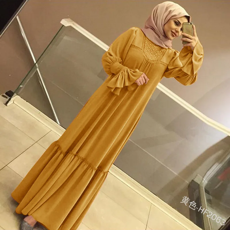 Мусульманский женский хиджаб платье сплошной цвет рюшами лепесток рукав макси длинное платье Исламская одежда кафтан кимоно большие качели платья абайя - Цвет: Цвет: желтый