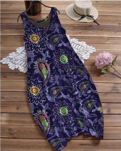 

2021 summer women's casual dress holiday printed crew neck emerald sleeveless printed fashion dress