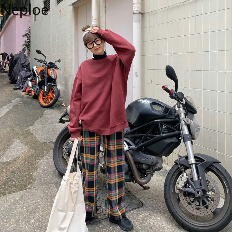 Neploe Colorful Plaid Trousers Women Korean Elastic Waist Ladies Straight Pants Loose Casual Wide Leg Full Length Pants 80308