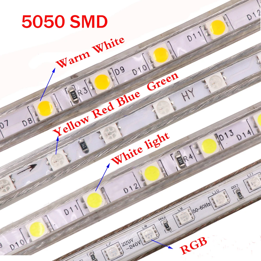 220 В 240 В SMD 5050 Светодиодная лента гибкий светильник 5 м 10 м 15 м 20 м 100 м теплый белый/RGB переключатель штекер 60 Светодиодный s/m Водонепроницаемая светодиодная лента s