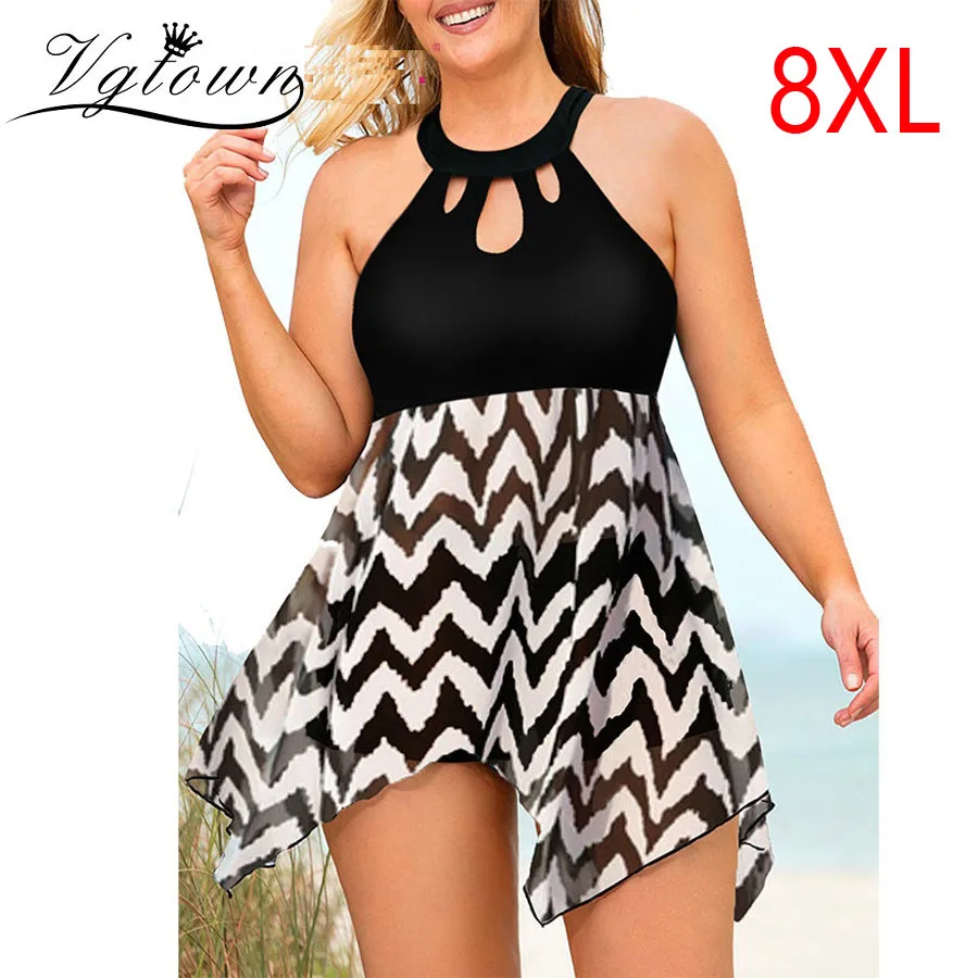 Размера плюс 8XL принт с асимметричным подолом Плавание платье Tankini полосатый