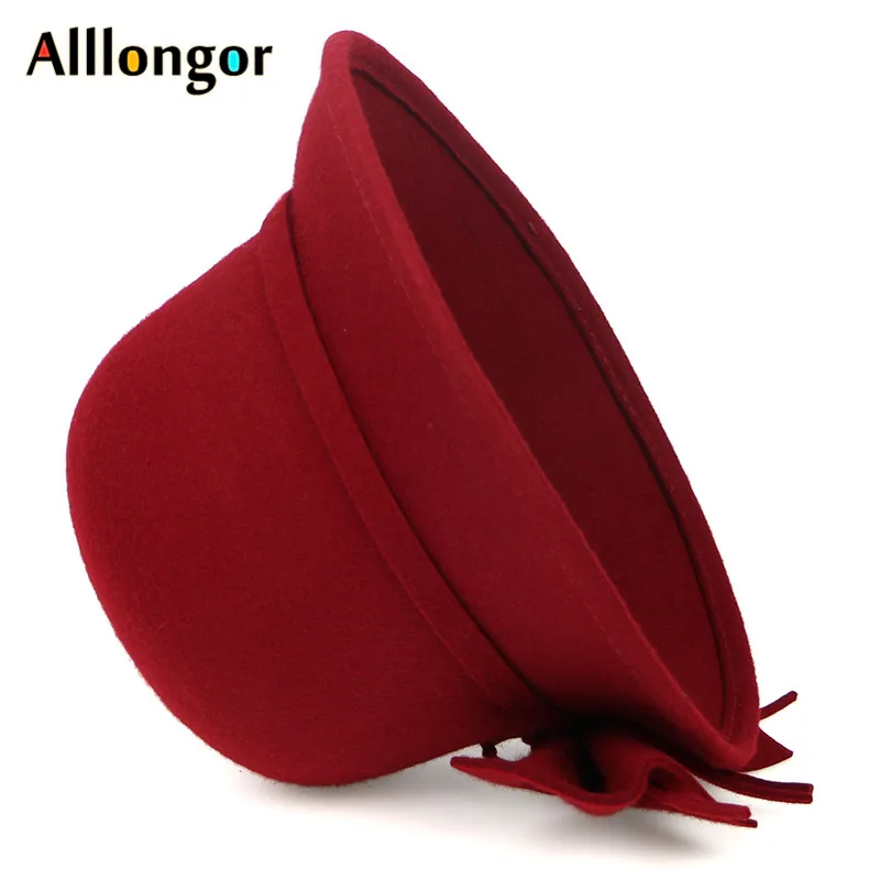 Высокое качество шерстяная шляпа Для женщин Зимние черные сапоги красная широкополая шляпа-федора с бантом фетровая шляпа-котелок Chapeau Femme Винтаж элегантные женские головные уборы