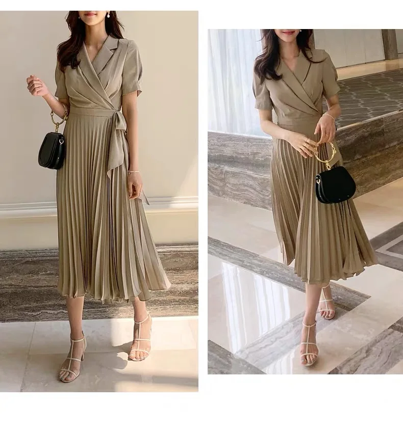 Korean Short Sleeve Pleated Women Dress Office Ladies Lace Up Notched Blazer Dress Adjustable waist Midi Dress 2020 Summer New