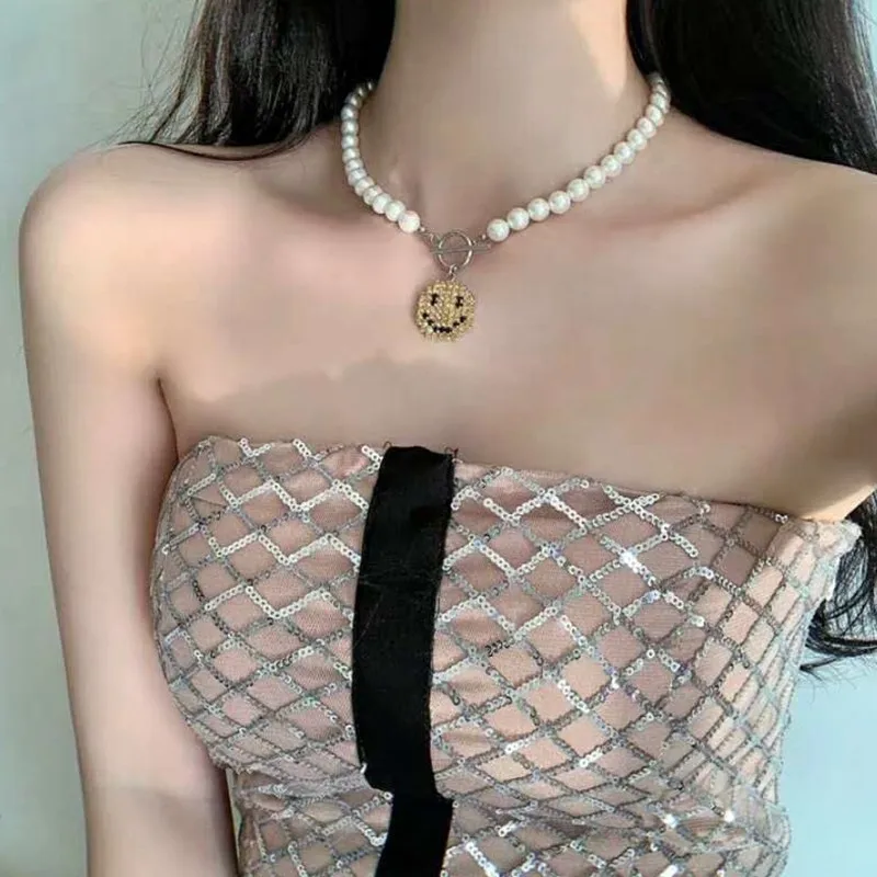 Smile Face Faux Pearl Choker Necklace Designer T Show Runway Boho Trendy Gown Wedding Jewelry Rare Japan Korean Style Ins | Украшения и