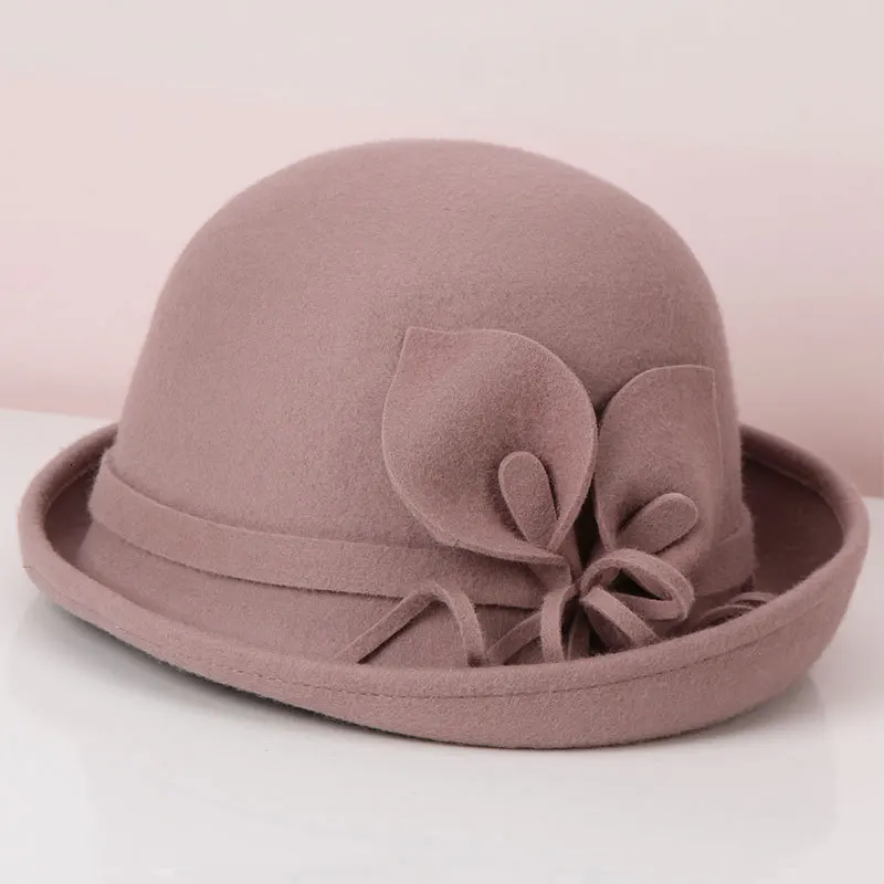 purple pink Шерсть фетровые с отворотами Цветочные шерстяные войлочные шляпы-федоры женские Осень Зима Клош шляпы элегантный банкет фетровая шляпа - Цвет: purple pink