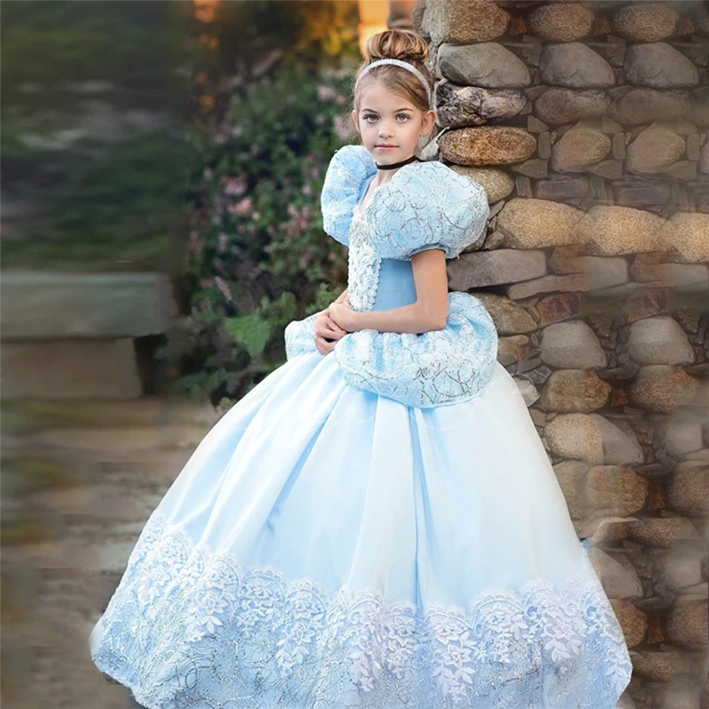 Платье Золушки для девочек; платье принцессы; элегантное голубое платье для лета; вечернее платье для выпускного; детское платье; торжественные праздничные костюмы для маленьких девочек