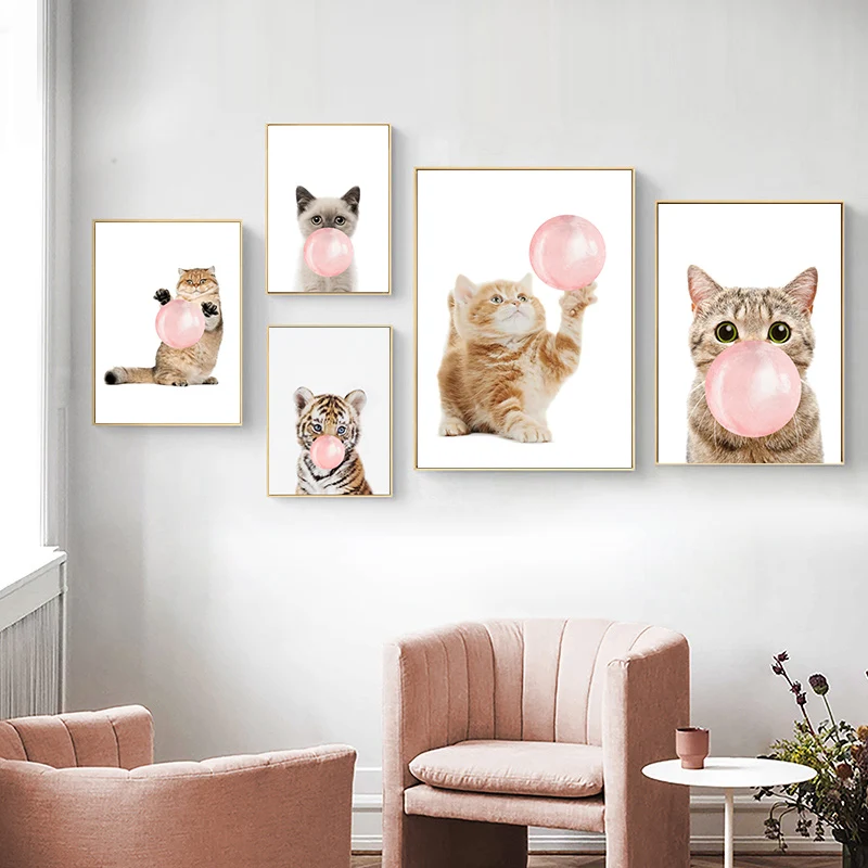 Nordic Wall Art кошка тигренок розовый шар жевательная резинка Холст плакат для детской