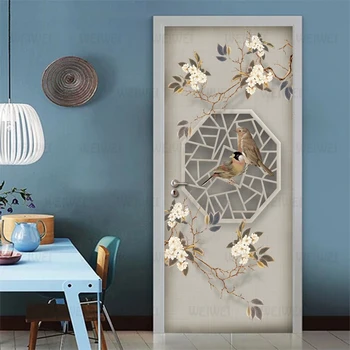 Chiński styl kwiat ptak drzwi naklejka ścienna malowanie ścian salon sypialnia badania drzwi DIY samoprzylepna naklejka dekoracyjna tanie i dobre opinie Tradycyjny chiński Zwierząt