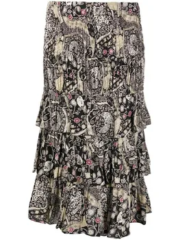 

Vintage Floral Print Layered Ruffled Midi Skirt 2020 New Elegant Pleated Spring Summer Long Skirt