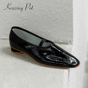 

Krazing pot leisure natural leather vintage convenient slip on square toe low round heels office lady daily wear women pumps L57