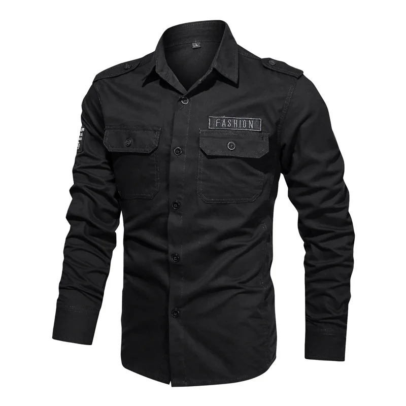 

New Spring Military Men Shirt 100% Cotton Long Sleeve Shirts for Men Epaulets Mens Army Shirts Top Quality Men Clothing