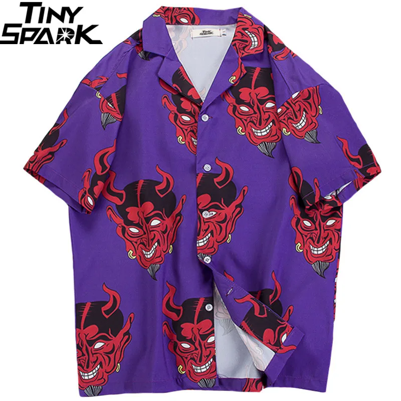 Koop 2019 Hip Hop Shirts Streetwear Heren Hawaiiaanse Shirt Duivel Hoofd Harajuku Zomer Strand Overhemd Hawaii Dunne Roze Tops Korte Mouwen