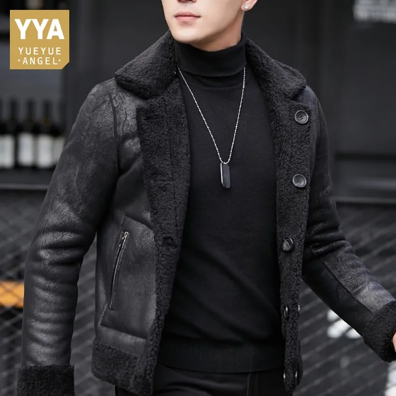

Winter Mens 100% Wool Shearling Jacket Warm Suede Leather Jacket 5XL Overcoat Single Breasted Short Real Lamb Fur Coat