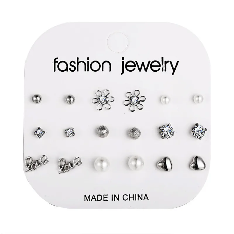 Crystal Stud Earrings Set With Card Zircon Balls Love Flowers Earrings Women Imulated Pearl Earring Kit Wedding Bride  Jewelry 3