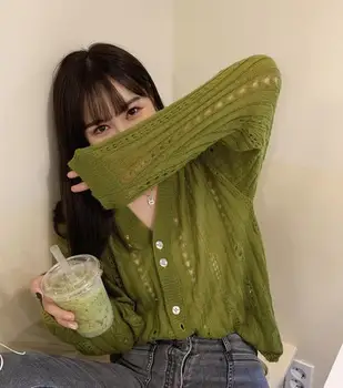 

2020 Autumn New Arrival Korean Style Solid Color Sweater O-Neck Single-breasted Openwork Knit Cardigan Sweater Free Shipping