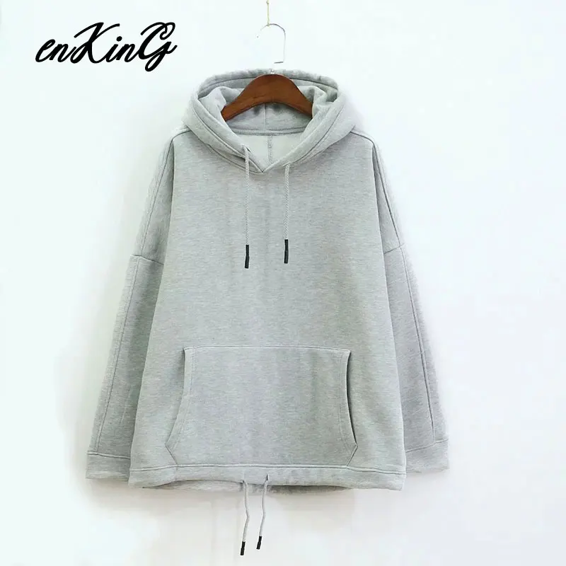 Gray BTS oversize hoodie Sweatshirts hooded Cashmere loose kangaroo solid hooded fashion Women's hoodie tops plus size - Цвет: Gray