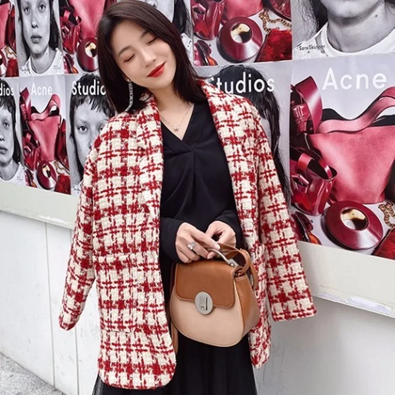 Женские блейзеры, осенняя Женская твидовая куртка в Корейском стиле, клетчатый Модный костюм для отдыха, Женское пальто