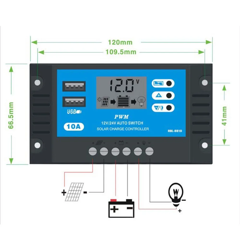 10A за максимальной точкой мощности, Солнечный Контроллер заряда 12V 24V Авто ЖК-дисплей Солнечный Зарядное устройство с двумя USB портами, Выход 10A фотоэлектрическая солнечная панель регулятор для PV Системы